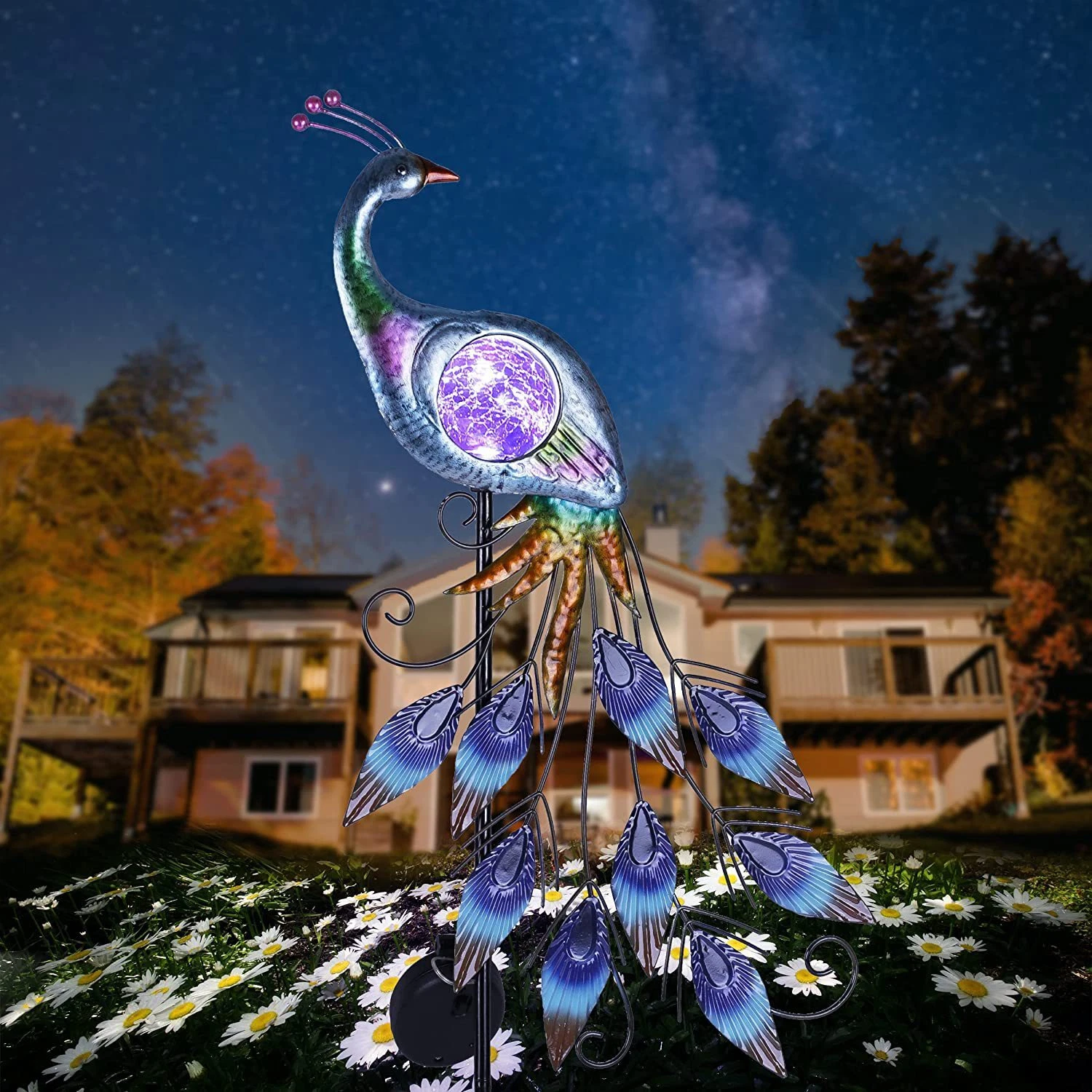 Metal Peacock Solar Garden Stake Lights Waterproof Outdoor Yard Decor