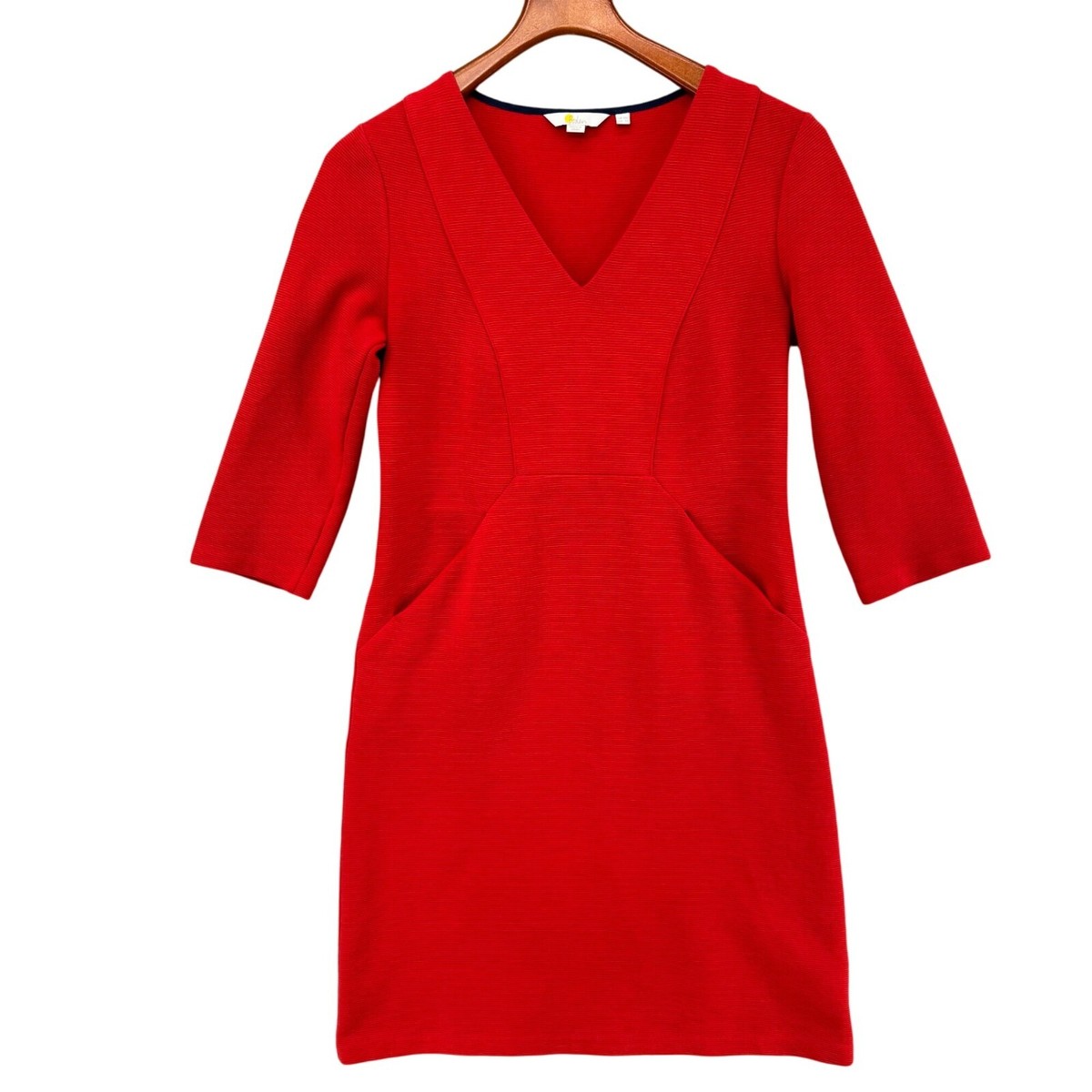 Boden Bronte Ottoman Ribbed Knit Dress Red 3/4 Sleeve V Neck Knee Length  Size 6L