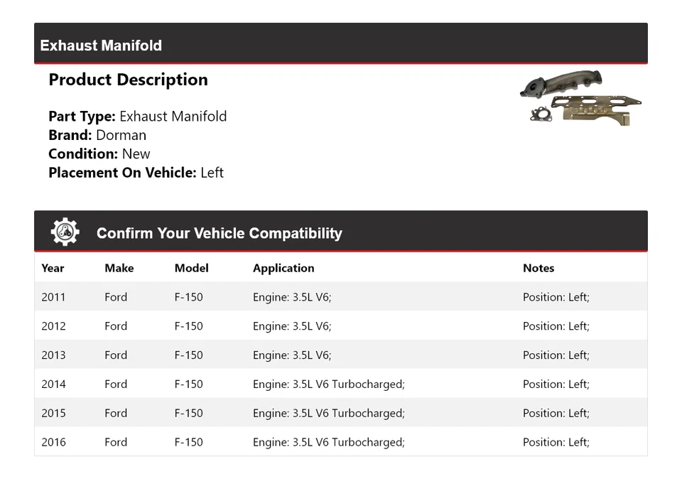 Colector de escape izquierdo para Ford F-150 Dorman 2011-2016 2012 2013 2014 2015 Foto 2 de 4