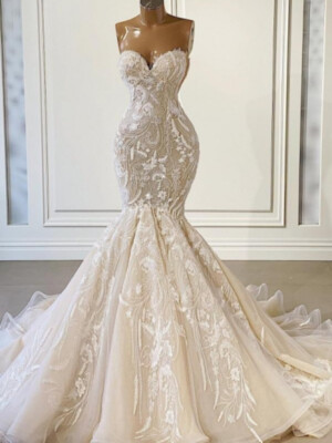 ivory lace strapless mermaid wedding dress Elegnat Ivory Strapless Mermaid Lace Beach Wedding Dress Online with Lace Bracelet