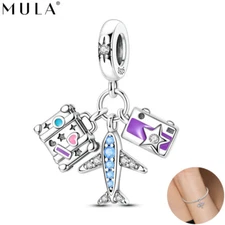 MULA 925 Sterling Silver Luggage Airplane Camera Pendant Charm CZ For Bracelet
