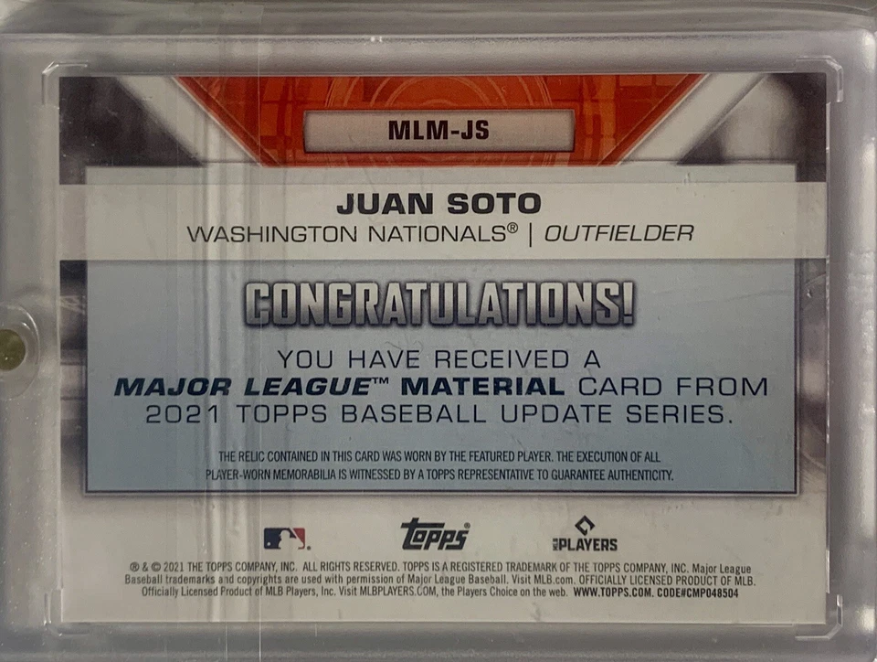2021 Topps Update Series Juan Soto MAJOR LEAGUE MATERIAL #MLM-JS - Image 2 of 2