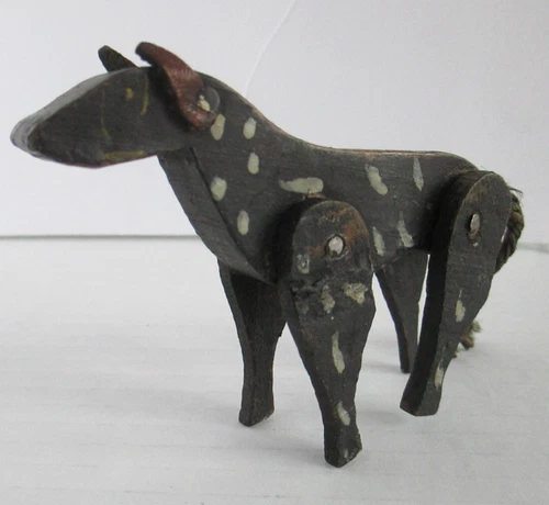 Small Antique Handmade Folk Art Dog or Horse Wooden Leather Ears / Rope Tail  A8