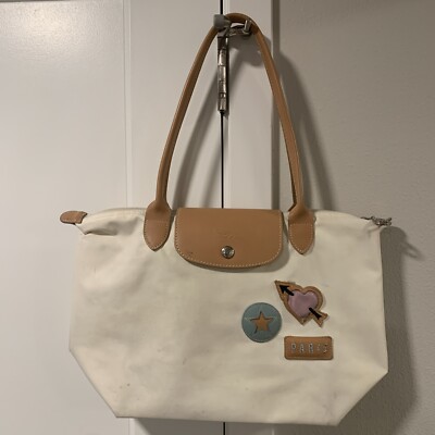 Longchamp OFF WHITE NYLON BROWN LEATHER TRIM BACKPACK SHOULDER BAG HANDBAG PURSE ☆ ~LONGCHAMP LES PLIAGES SAC A DOS BACKPACK STYLE PURSE  main image 4