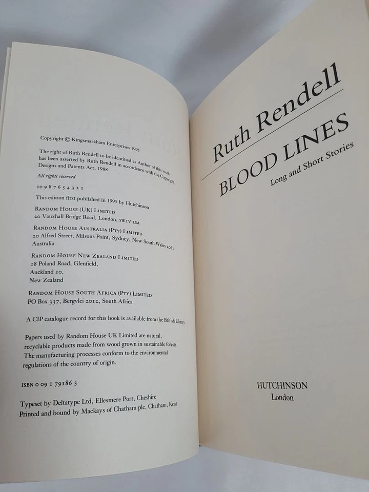 Blood Lines: Long and Short Stories - 1st Edition/1st Printing; Ruth Rendell - Image 3 of 3