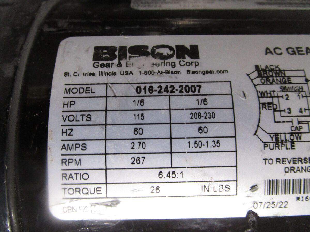 New Bison 016-242-2007 A.C. Gearmotor 6.45:1 Ratio, 26 in New Bison 016-242-2007 A.C. Gearmotor 6.45:1 Ratio, 26 in