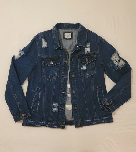 Wax Jean Jacket L Women Distressed Long Sleeve Blue Denim