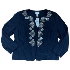 NEW CHICO S No Closure Neckline Embellished Jacket Navy sz 1