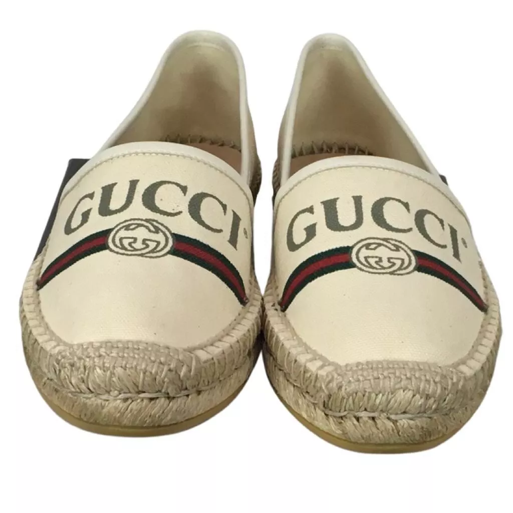 Gucci Espadrilles Femme Chaussures Sylvie Web Rayures Imprimé Logo Beige Taille 37