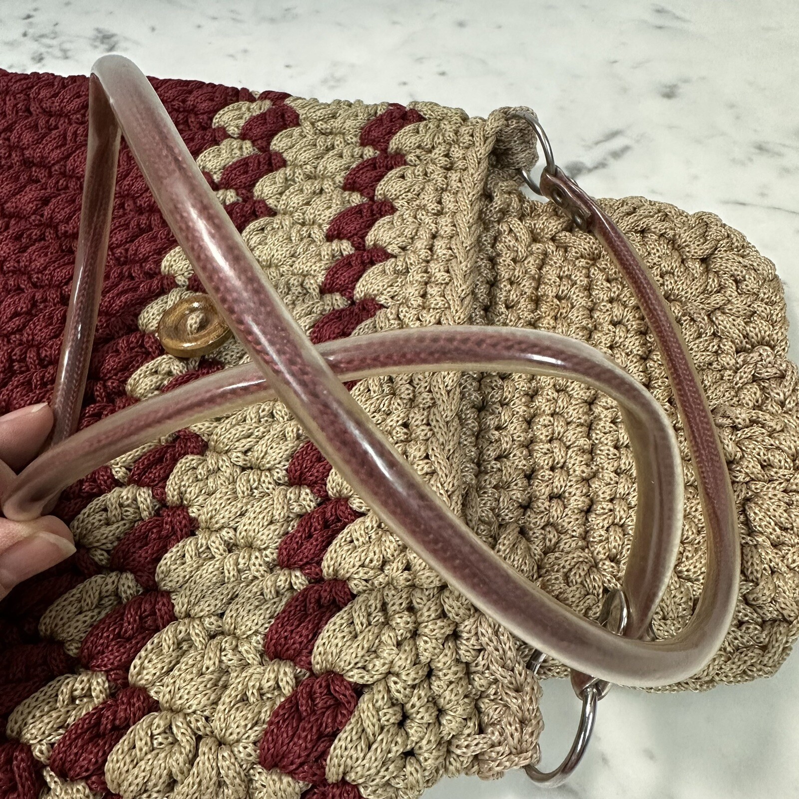 Vintage Macrame Bucket Bag Button Loop Closure Su… - image 6