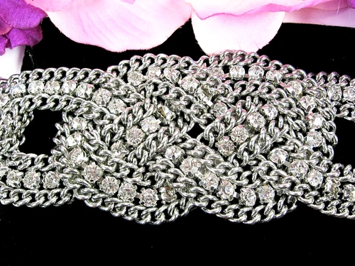 RHINESTONE Vintage BIG BRAIDED BRACELET  2" Wide Silvertone Chains 7 1/2"
