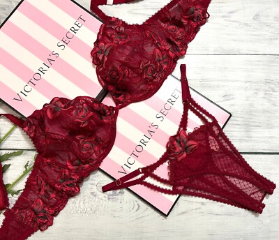 Victoria's Secret Red Rose Unlined Low-Cut Demi Bra Brazilian  Set
