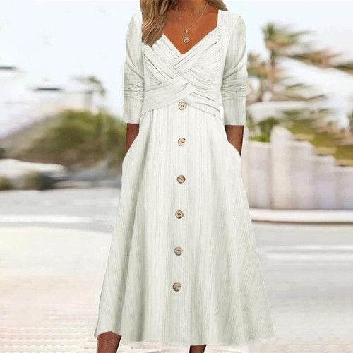 Womens V Neck Button Dress Ladies Summer Long Sleeve Casual Holiday Dresses SIZE - Picture 3 of 11
