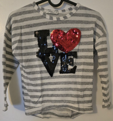 Pinc Premium Girls Soft knit Grey & White Stripe Long Sleeve Love Sequins Small
