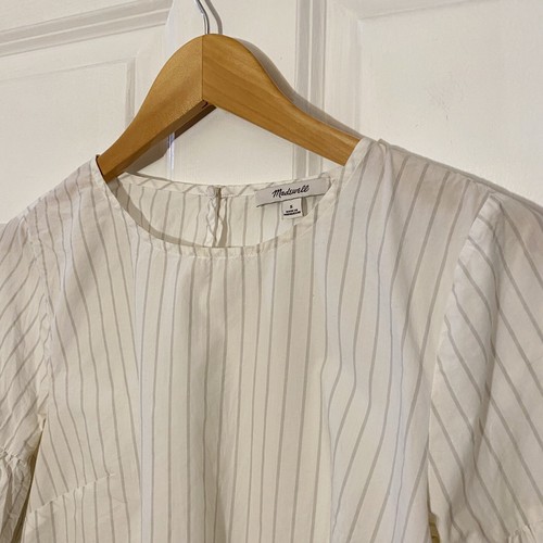 Madewell Ruffle Sleeve Top Size S White Gray Small Stripe - Picture 3 of 8