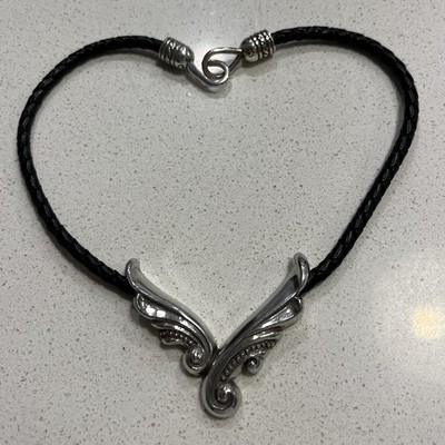 VTG Brighton Leather Necklace Silver Tone Scroll Pendant Statement 16 