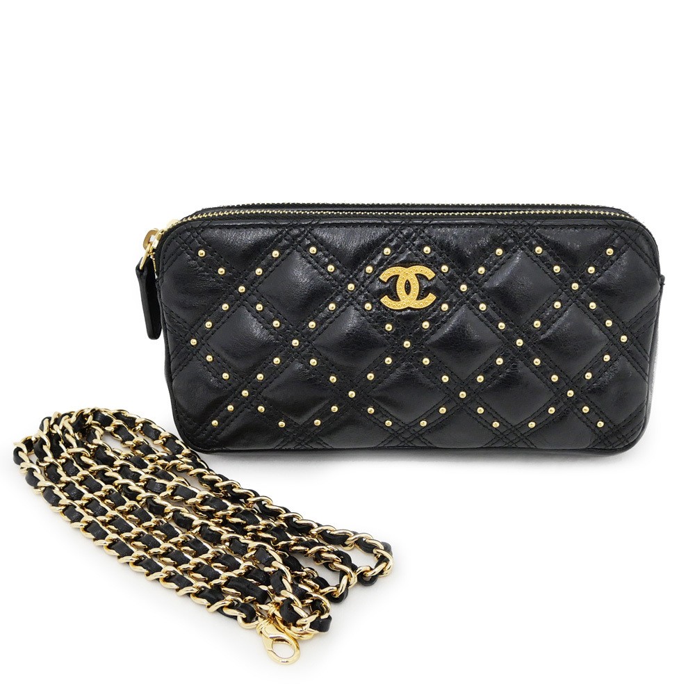 CHANEL Chain Wallet Studs Matelass Black Lamb Shoulder Bag Wallet 2way