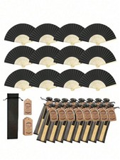 3pcs Elegant Black Folding Fans Set with Gift Bag & Card