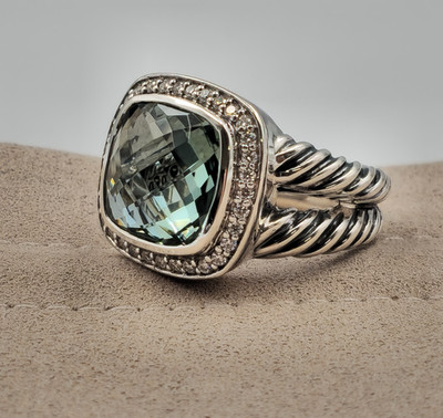 David Yurman Sterlingsilber Albion Ring 11 mm Prasiolith und Diamanten Größe 8