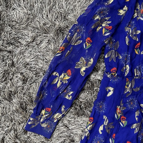 Sezane Midikleid Seide Blumen Knopfleiste Langarm Blau Metallic Damen 36 - Bild 8 von 24