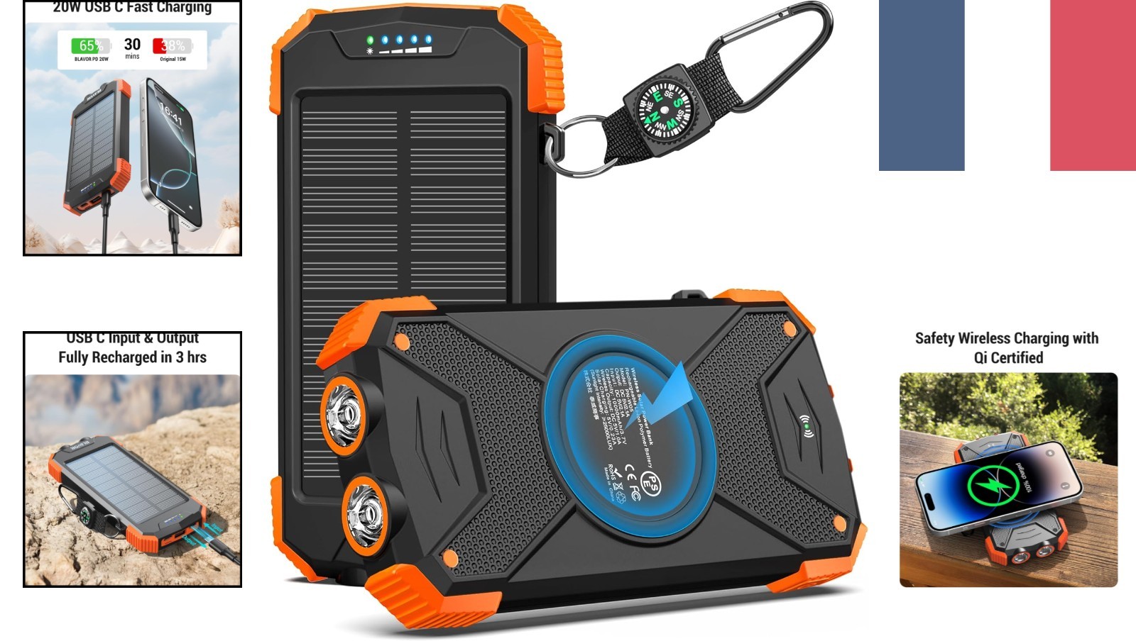 Batterie externe solaire à recharge rapide pour charger votre smartphone en plein air
