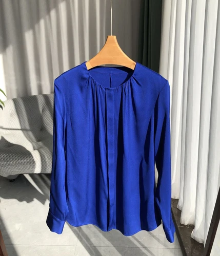 Damen Langarm 100% echte Seide Knopf Rundhals Shirt Bluse Büro Damen OL - Bild 37 von 38