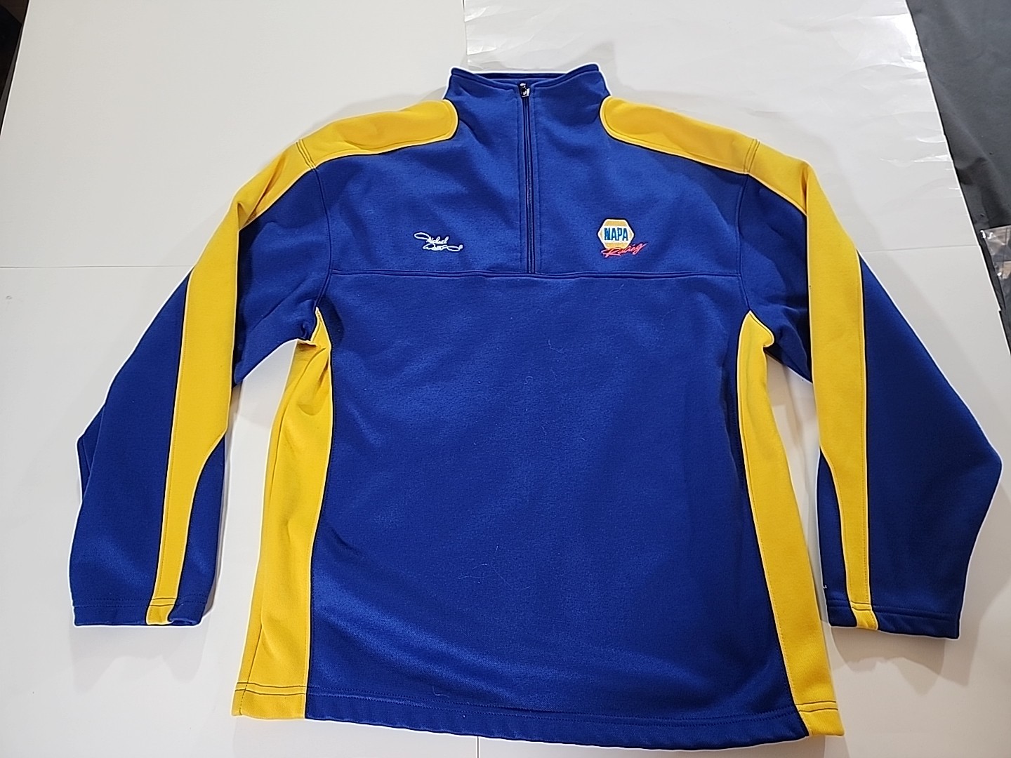 Michael Waltrip NAPA Sponsor Sweater Men's Pullover 1/4 Zip size Med Blue Yellow