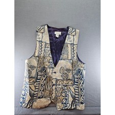 Attitudes Vintage 90s Tapestry Vest Blue Tan Geometric Tribal Print Mens Medium