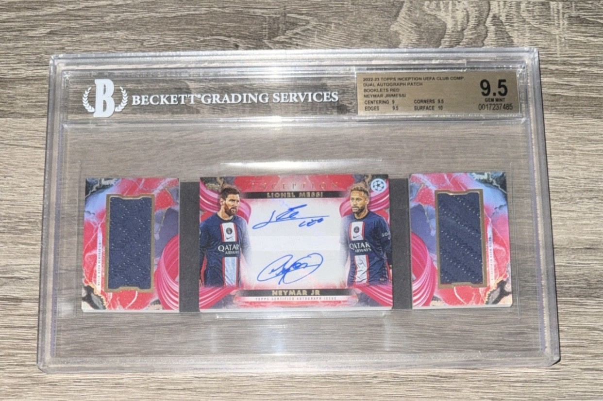 2022 Topps Inception Messi & Neymar Jr Dual Match Worn Patch Auto BGS 9.5 10/10