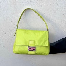 RARE☆☆☆☆Auth FENDI Leather Mamma Baguette GM Shoulder Bag Avocado Green & Silver