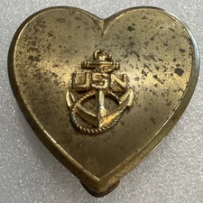 Vintage USN Make Up - Powder Mirror  Compact - Heart Shape USN Anchor