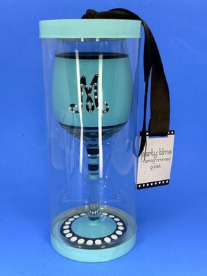 Mud Pie Party Time monogrammed goblet turquoise w black polka dot design ''M'' NEW