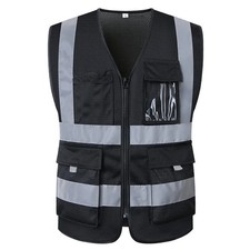 Black Reflective Safety Vest with Pockets High Visibility Sliver Strip for Men a