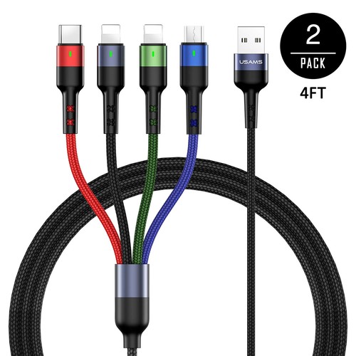 Multi Charging Cable Usams 2Pack 4Ft 4 In 1 Nylon Braided Usb Fast Cha - Picture 8 of 9