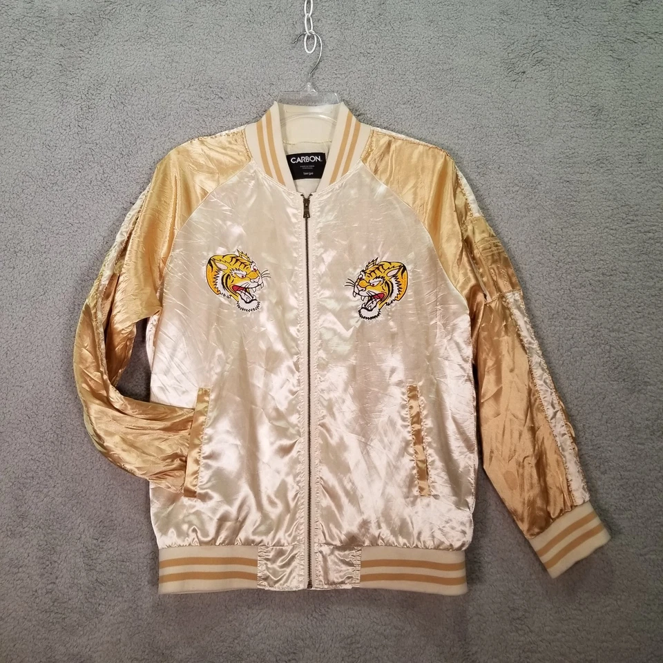 Chaqueta bombardero amarilla vintage Y2K para hombre L J carbono satinado bordada tigre Foto 2 de 4
