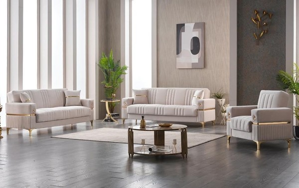 Couchgarnitur Komplette Dreisitzer Sessel Beige 3Tlg Stoffsofa Couchen-image