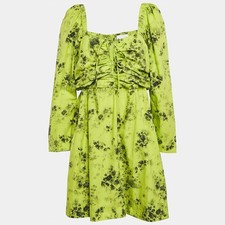Ganni Green Floral Print Cotton Gathered Mini Dress L