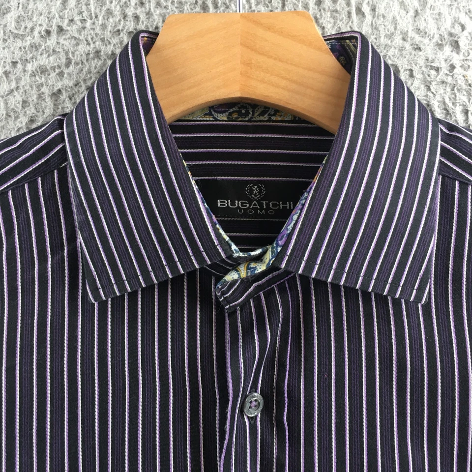 Bugatchi Uomo кнопка вверх платье рубашка мужчин L черный фиолетовый полоски хлопок длинным рукавом - Изображение 3 из 4