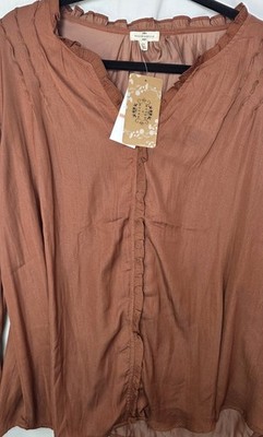 Mason & Belle Ruffle Neck Top Womens 2X Rust Orange Button Up V-Neck Boho chic