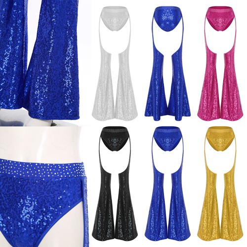 Womens Sparkly Pants Sequin Bell Bottom Legging Pant Disco Rave Party NIghtwear - Picture 3 of 34