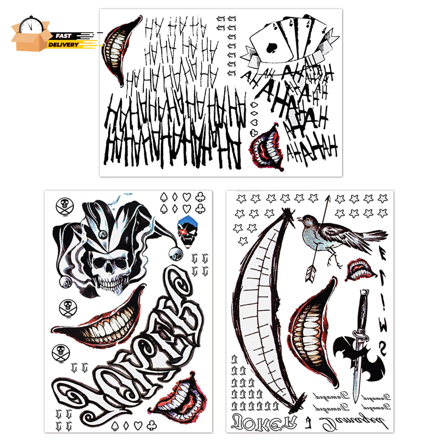 3 Sheets Joker Tattoos, Realistic & Last Long Halloween Fake Temporary Tattoo St