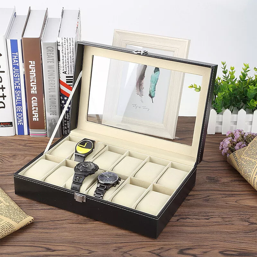 12 Slots Watch Box PU Leather Watch Case Organizer Watch Display Case Lockable - Picture 21 of 24