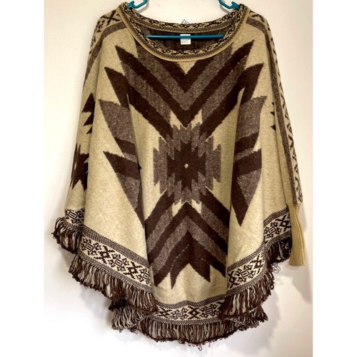 Southwestern Wool Blend Poncho Sweater Fringe Size OS One Size - Picture 10 of 10