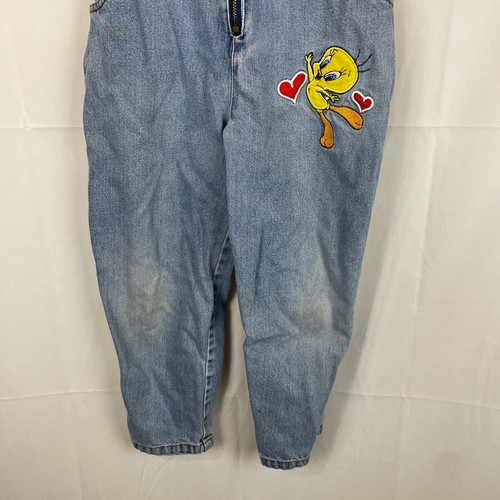 Looney Tunes Youth Vintage 1997 90s Blue Denim Bib Overalls Tweety Bird Size 6 - Picture 3 of 11