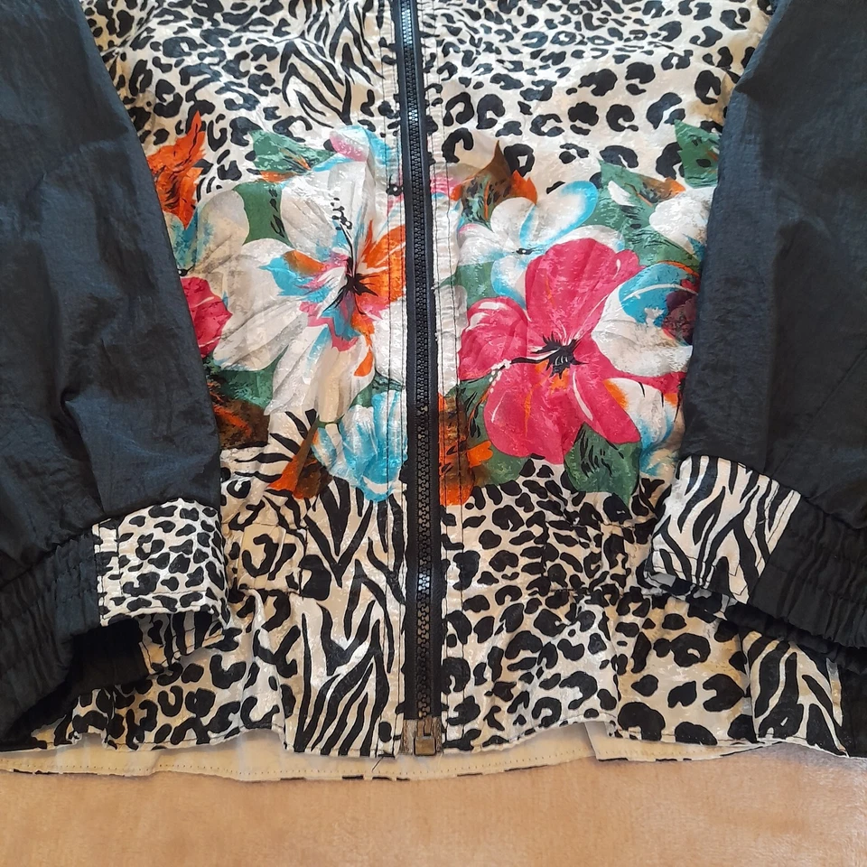 Chaqueta Para Mujer Vintage Años 80 EAST WEST Grande Cremallera Chaqueta Satén Floral Animal Foto 2 de 4