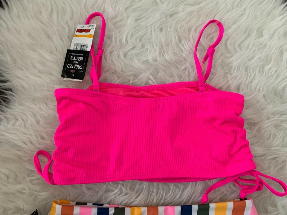 California Waves Juniors S Bikini Set Pink Ribbed Bandeau Ruched Swimwear - Image 4 of 4