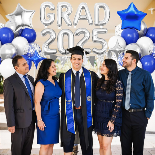 Graduation Decorations 2025 Blue Silver, GRAD 2025 Foil Balloon Banner with Roya - Picture 4 of 12