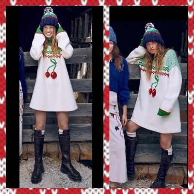 🍒NEW! Free People Cherry Heart Sweater Mock Neck Dress Fair Isle