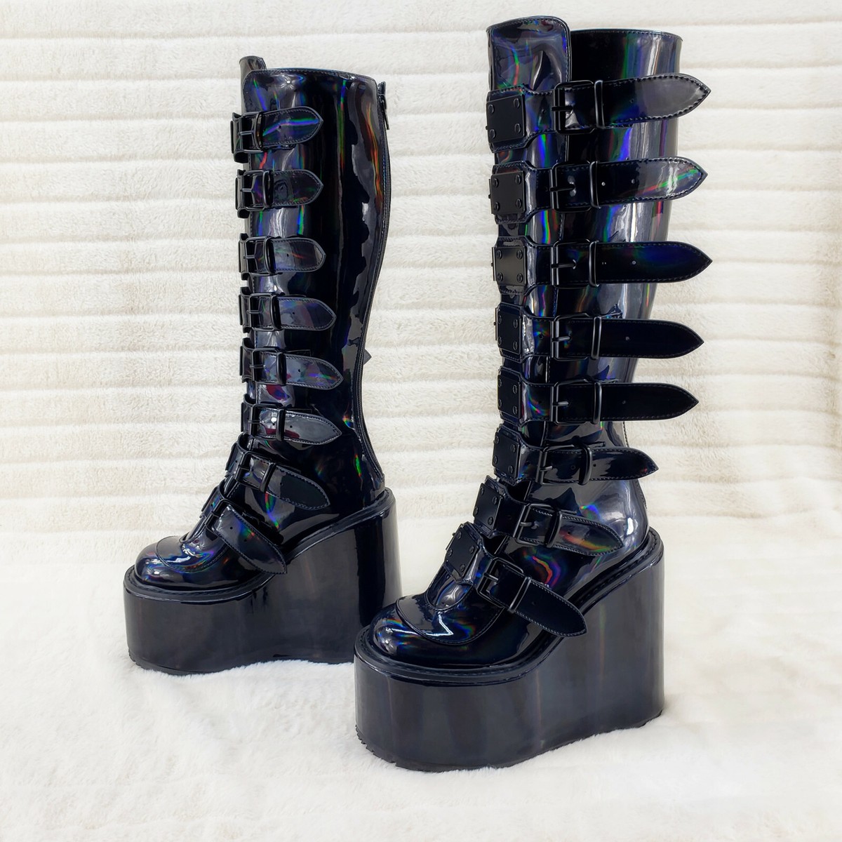 Swing 815 Black Oil Slick hologram Goth Punk Knee Boot 5.5