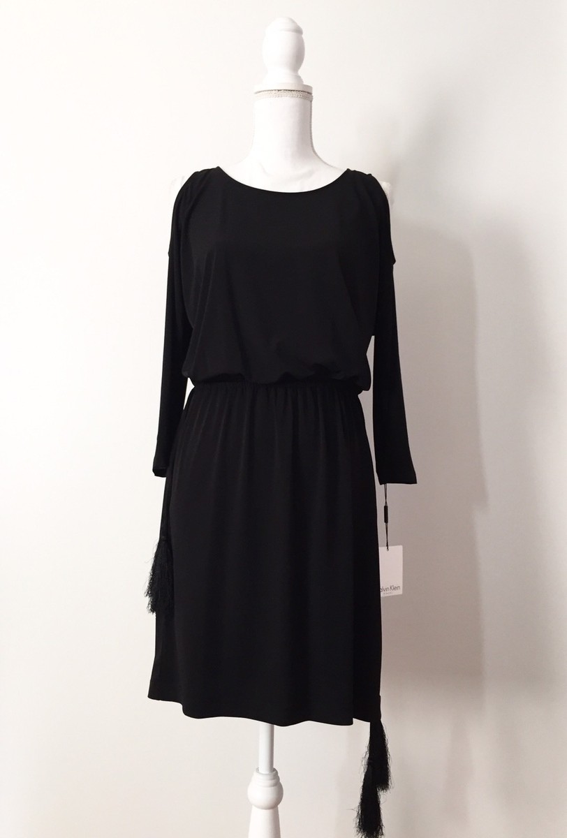 NWT Calvin Klein Cold Shoulder Jersey Dress Size 6 Black Tassel Waist Tie NWT Calvin Klein Cold Shoulder Jersey Dress Size 6 Black Tassel Waist Tie